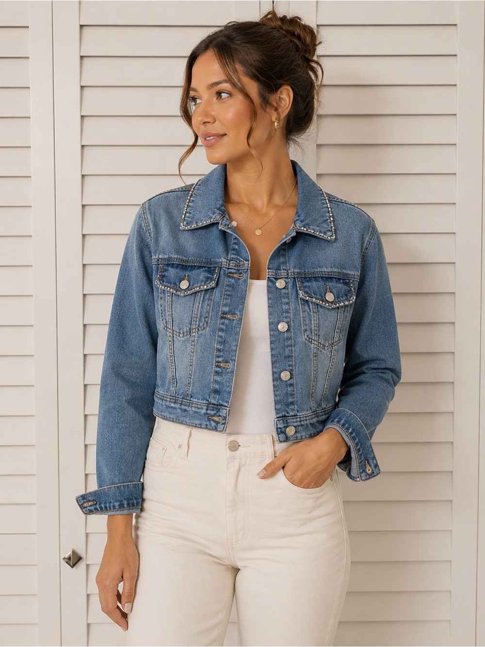 Ci Sono Blue Jean Jacket with Rhinestones(missing 2 on the back collar)